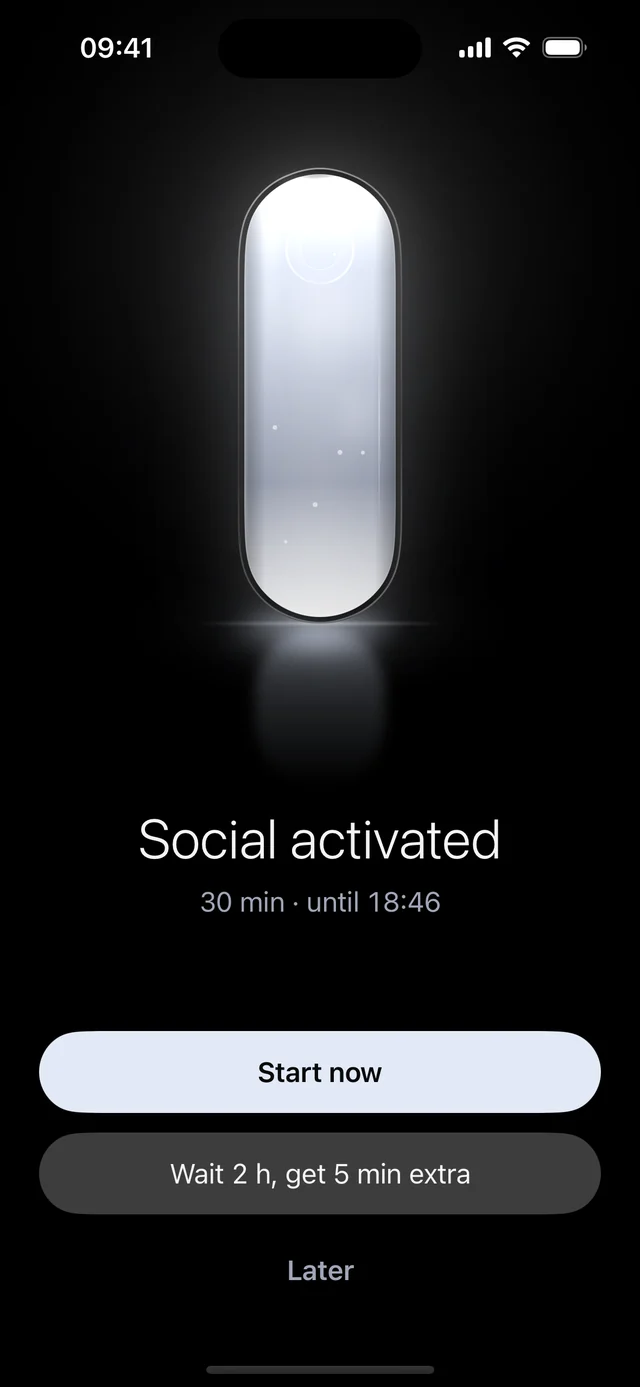 The Activated moment: the vessel full and glowing, Social activated for 30 minutes, with Start now and Later.